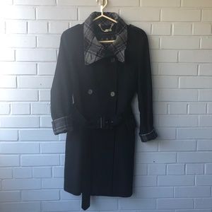 Vintage BARBOUR Belted Wool Coat with Plaid Trim